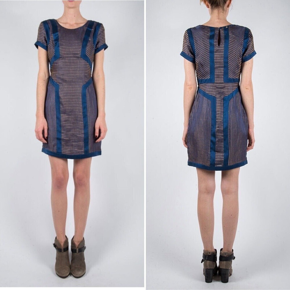 Harlyn Linen‎ Silk Stripped Navy Blue Sheath Dress Short Sleeve Small​​​​​